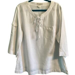 Cambridge Dry Goods Women's 100% Linen Blouse Cargo Pocket Lace Up 1X